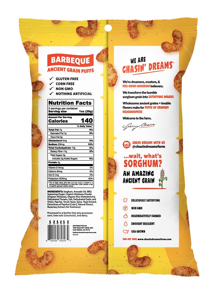 Chasin&#39; Dreams Farm Crunchy Ancient Grain Barbeque Puffs 3oz back of package. Including nutrition label, barcode and product descriptions.