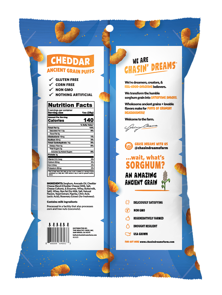 Chasin&#39; Dreams Farm Crunchy Ancient Grain Cheddar Puffs 3oz back of package. Including nutrition facts, barcode and product descriptions.