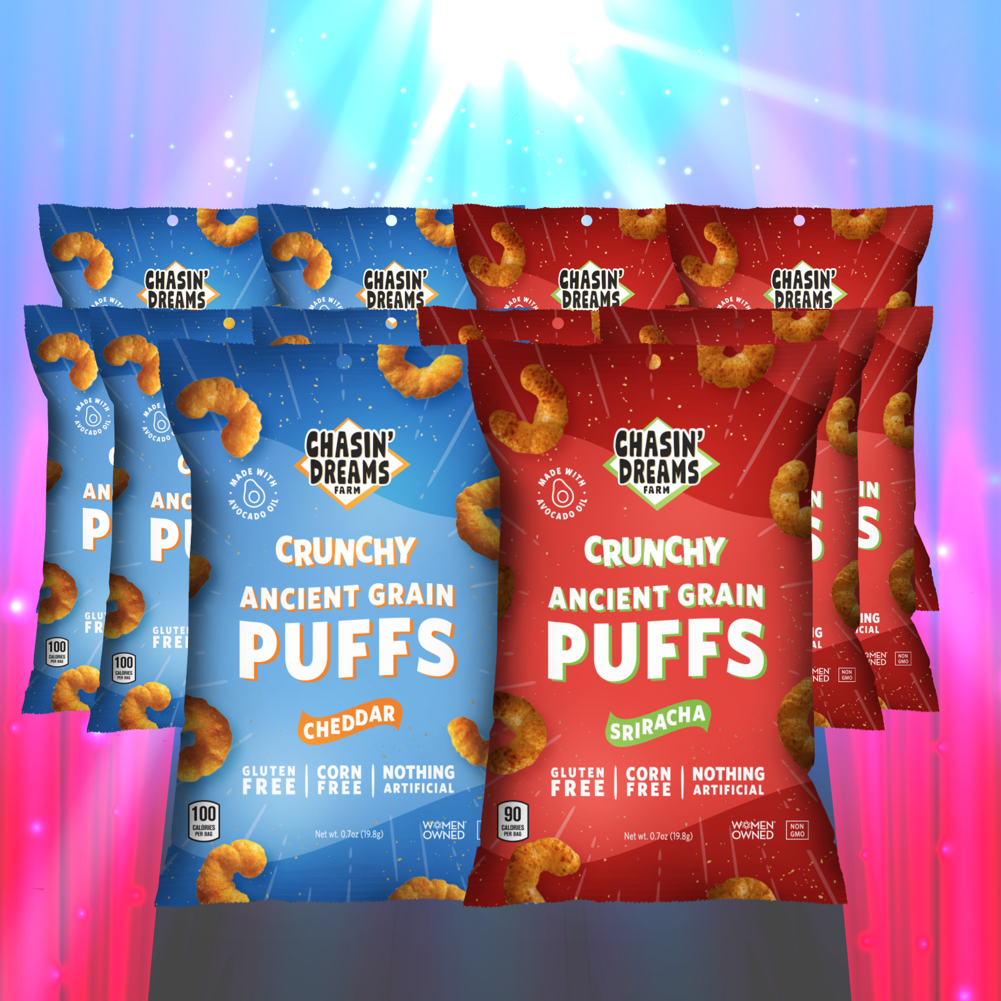 Six blue bags of Crunchy Ancient Grain Puffs Cheddar and six red bags of Crunchy Ancient Grain Puffs Sriracha on a blue and red background with a spotlight.