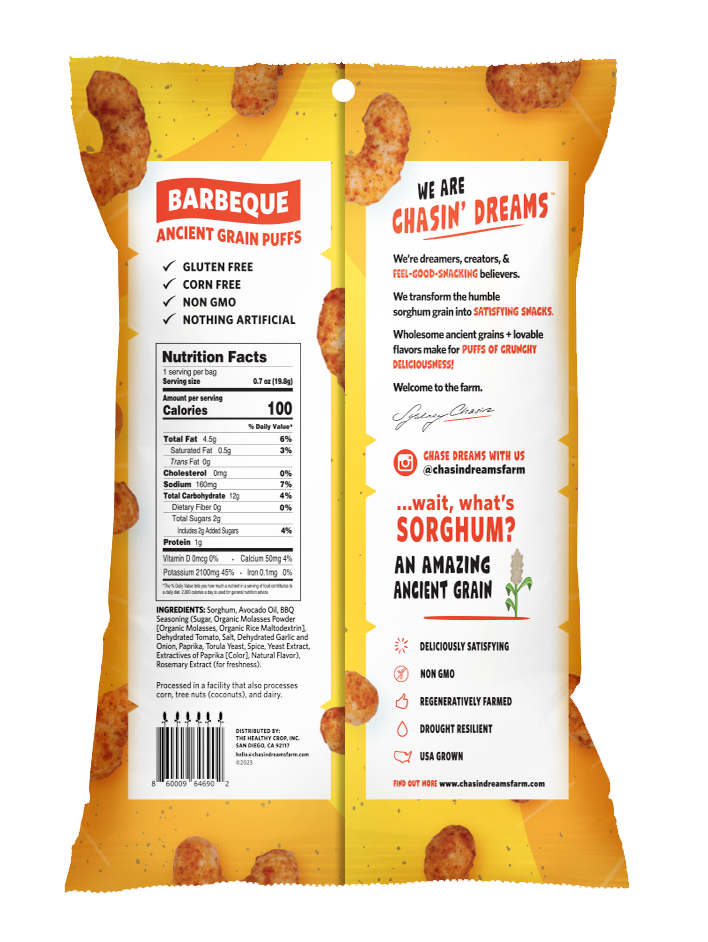 Crunchy Ancient Grain Puffs back of package. Including nutrition facts, barcode and product description.