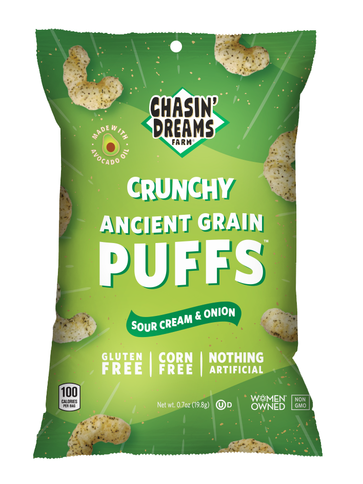 Crunchy Ancient Grain Sour Cream &amp; Onion 0.7oz Puffs. Green bag with white lines and speckles and beige puffs around the border.