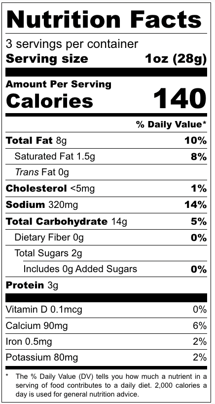 Nutrition label for Cheddar Puffs 3oz bag. 3 servings per container, serving size 1oz, 140 calories per serving.