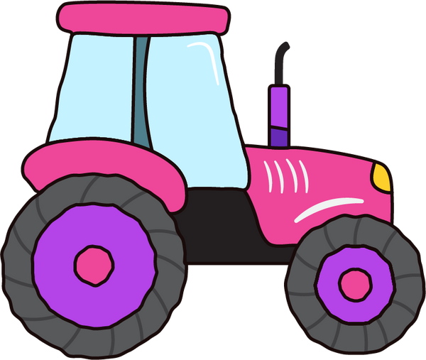 Colorful cartoon tractor with pink and purple details on a transparent background.