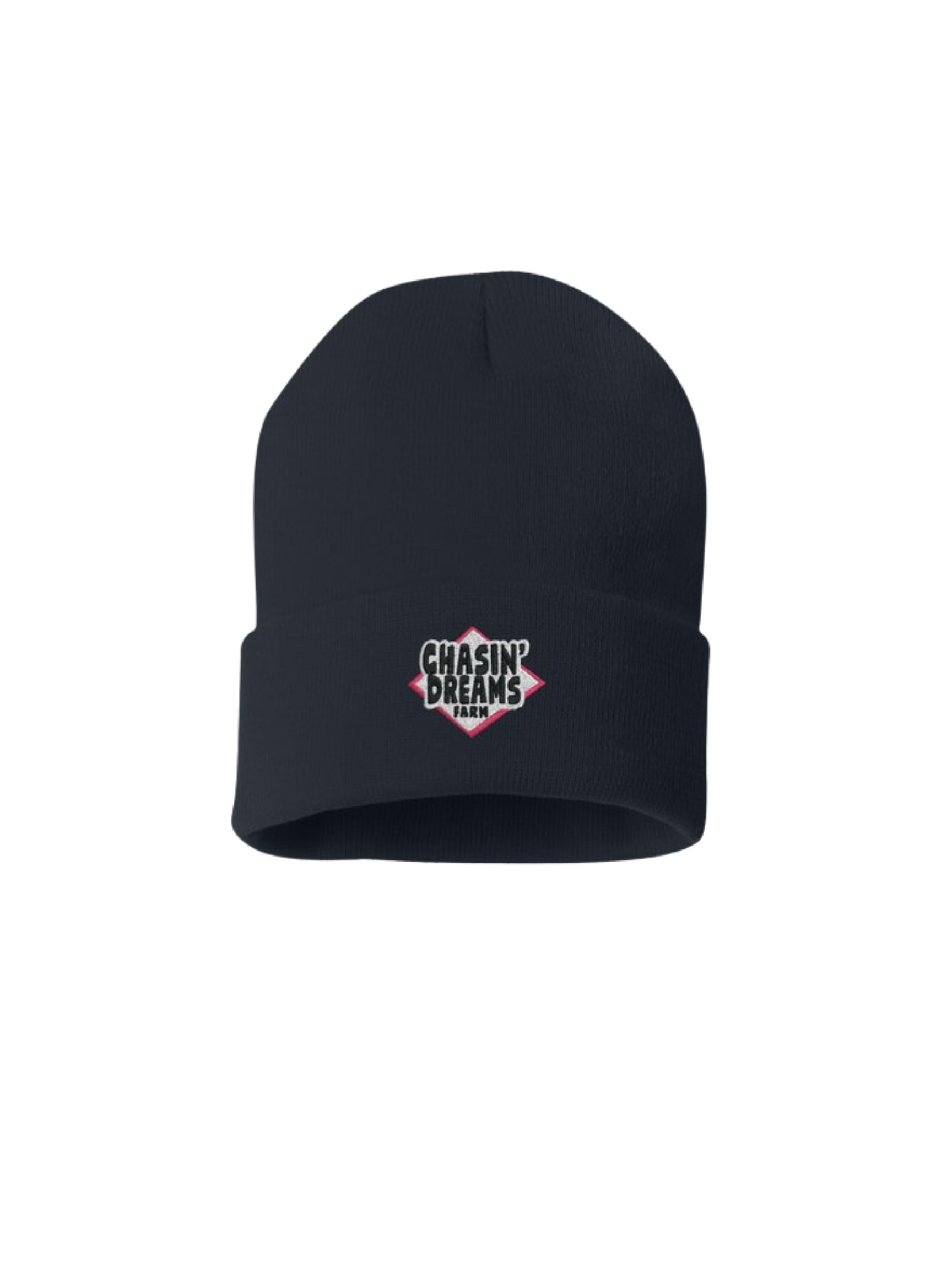 A navy beanie hat with a logo on the center reading: "Chasin' Dreams Farm"