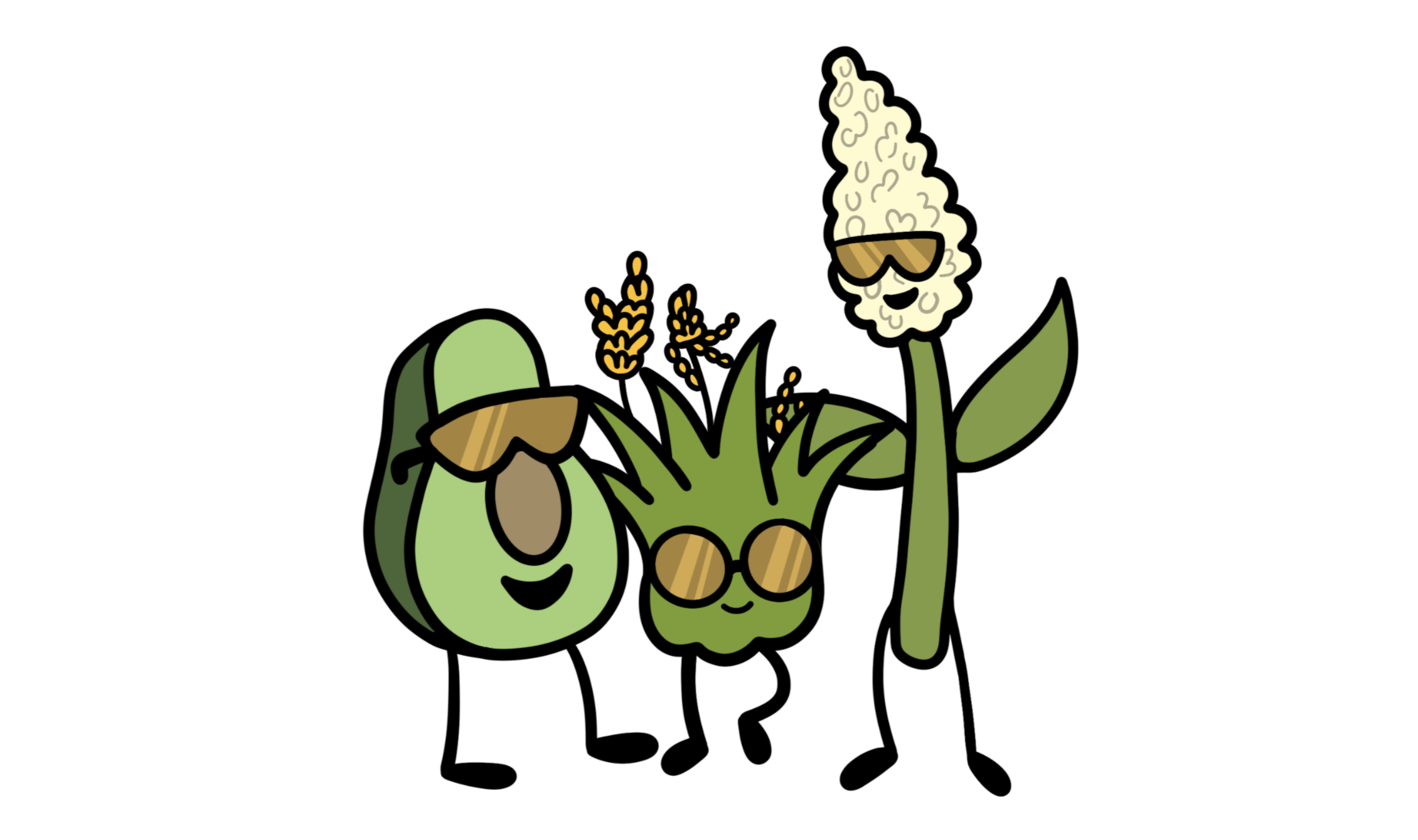 Cartoon-style illustration of three green characters: an avocado, sorghum plant, and brown rice grain. Characters are dancing together on a transparent background