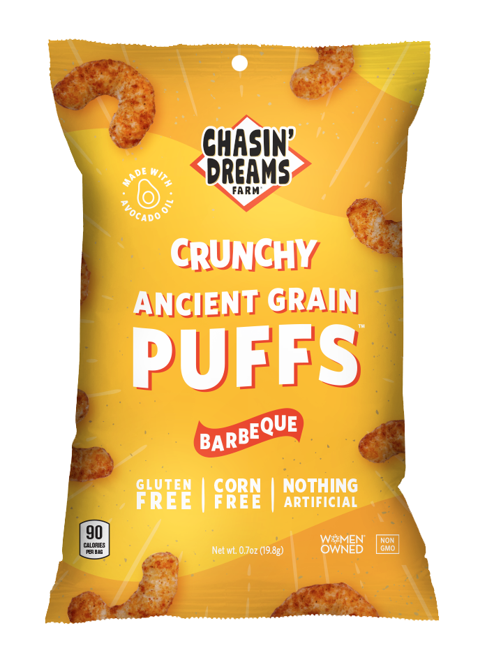 Chasin&#39; Dreams Farm Crunchy Ancient Grain Barbeque Puffs 0.7oz. Yellow bag with white lines and speckles, orange puffs around the border.