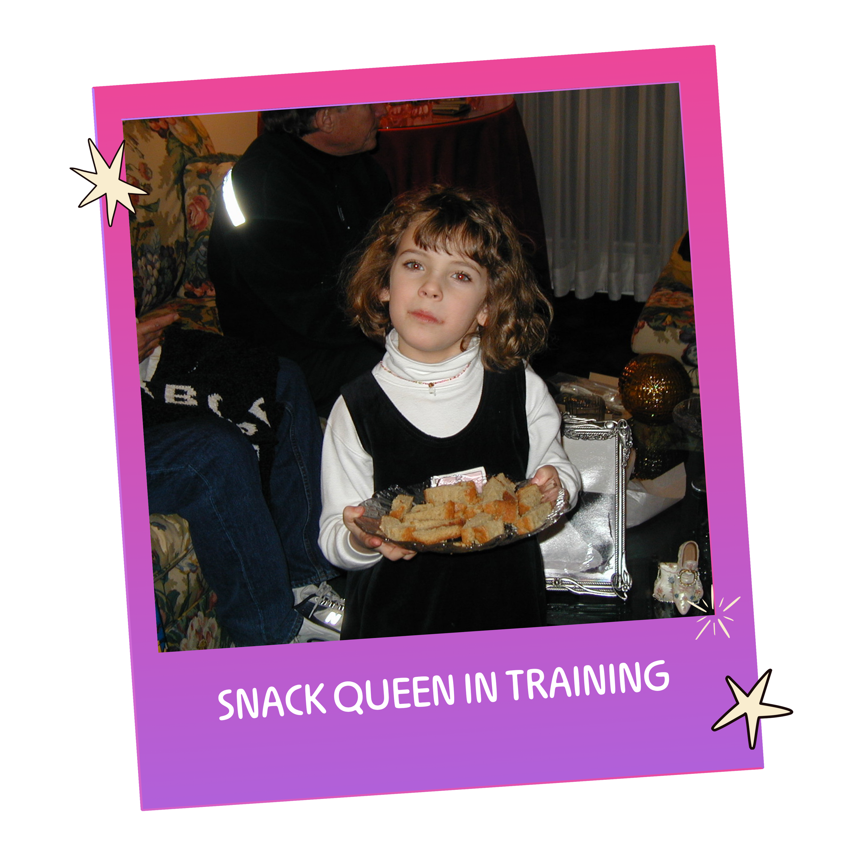 Child holding a plate of snacks with text 'Snack Queen in Training' on a pink and purple polaroid inspired border