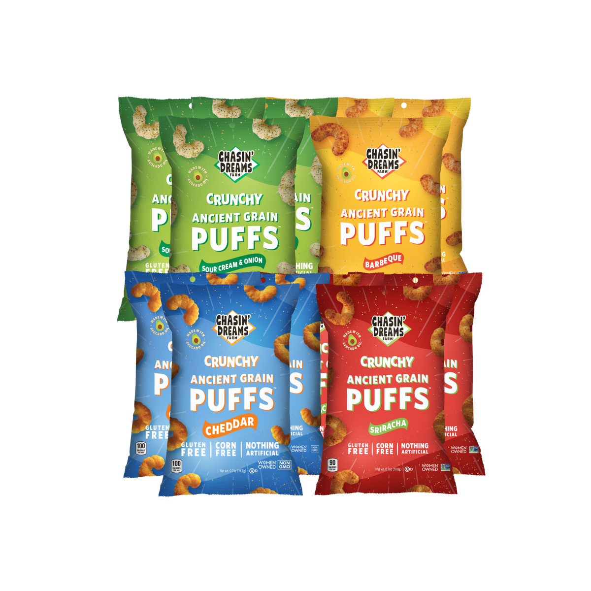 Three yellow bags of Barbeque Puffs 0.7oz, three red bags of Sriracha Puffs 0.7oz, three blue bags of Cheddar Puffs 0.7oz and three green bags of Sour Cream &amp; Onion 0.7oz puffs.