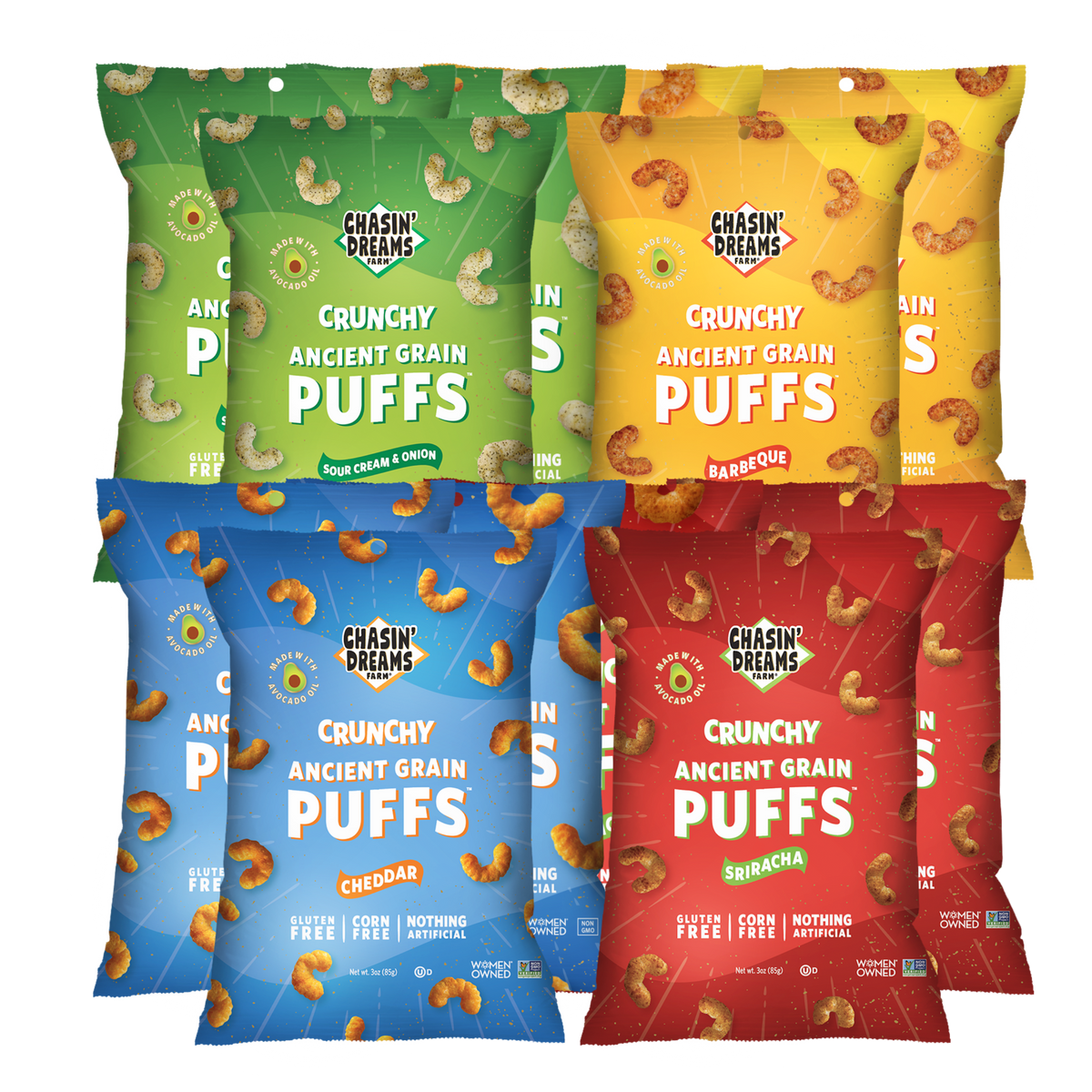Three yellow bags of Barbeque Puffs 3oz, three red bags of Sriracha Puffs 3oz, three blue bags of Cheddar Puffs 3oz and three green bags of Sour Cream &amp; Onion 3oz puffs.