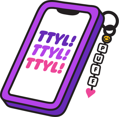 cartoon phone with 'TTYL! TTYL! TTYL!' text on a white background