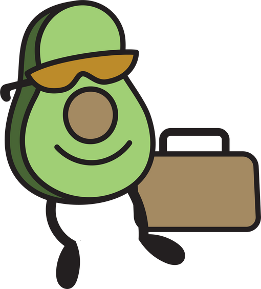 Cartoon avocado character with sunglasses holding a briefcase on a transparent background