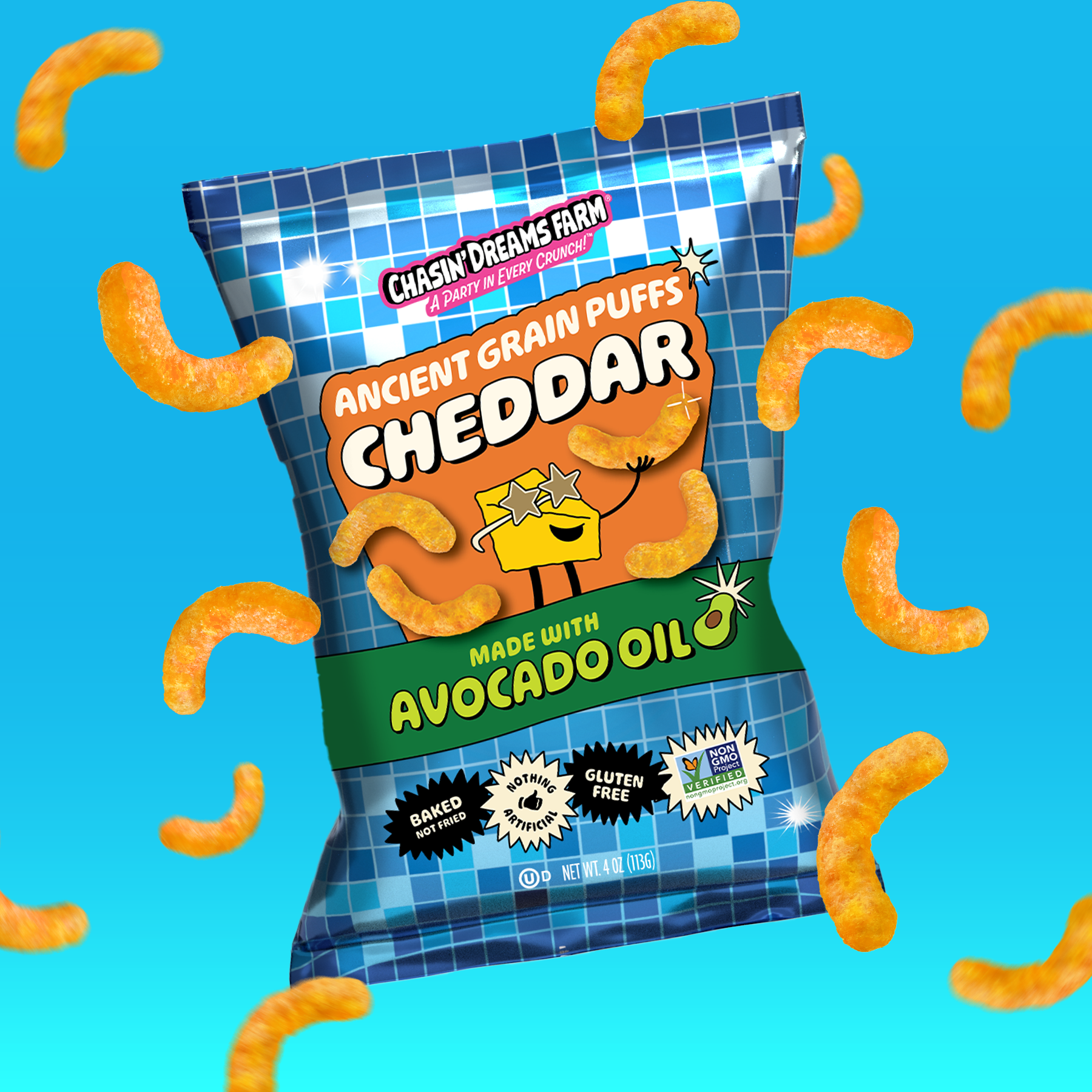 Singular package of cheddar sorghum puffs on a blue background with puffs floating around it.