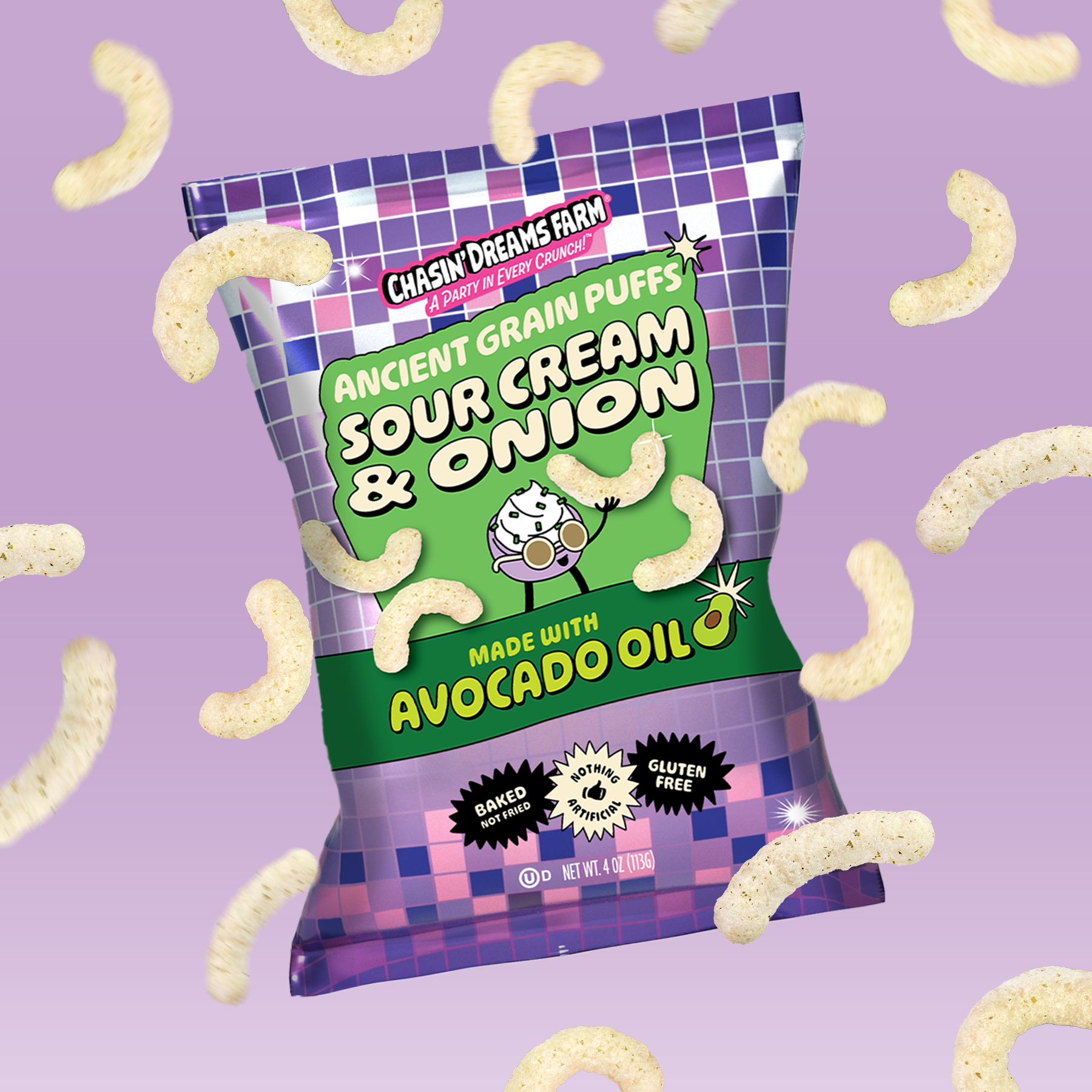 A bag of Ancient Grain Puffs in Sour Cream & Onion flavor, made with avocado oil. The packaging is predominantly purple  and on a purple gradient background with floating puffs.