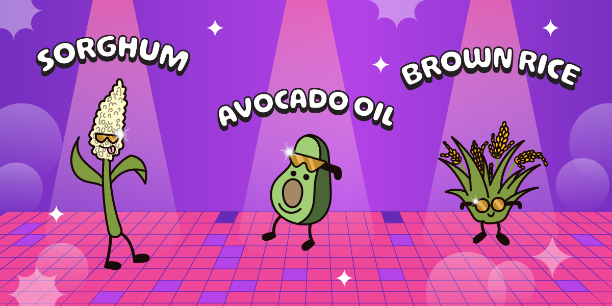 Cartoon characters of sorghum, avocado, and brown rice dancing on a retro-themed stage with 'Sorghum', 'Avocado Oil', and 'Brown Rice' text above them. Characters are mimicking a party.