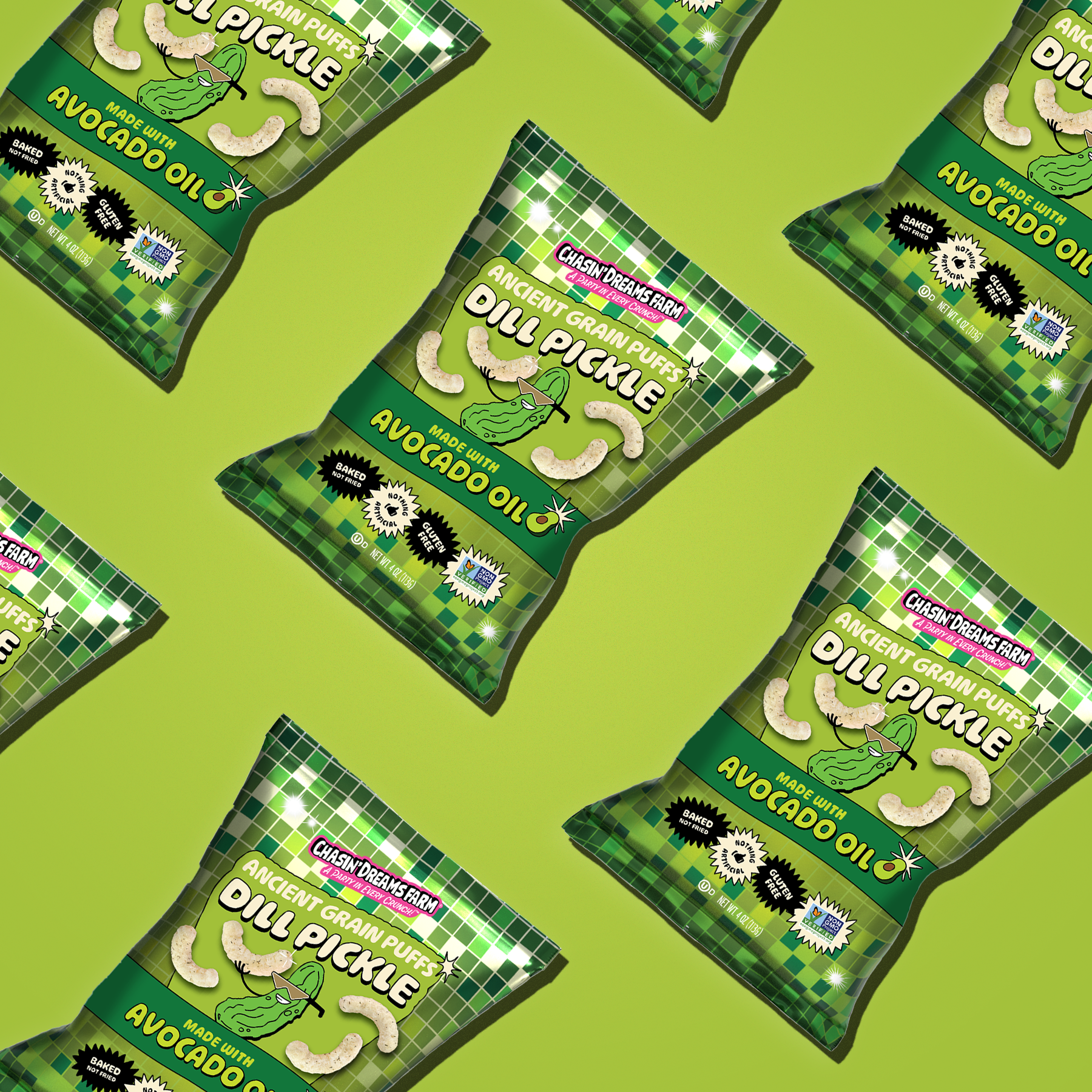 Multiple bags of Chasin’ Dreams Farm Dill Pickle Ancient Grain Puffs on a green background. Labels highlight that the product is baked, gluten-free, non-GMO, and made with no seed oils.