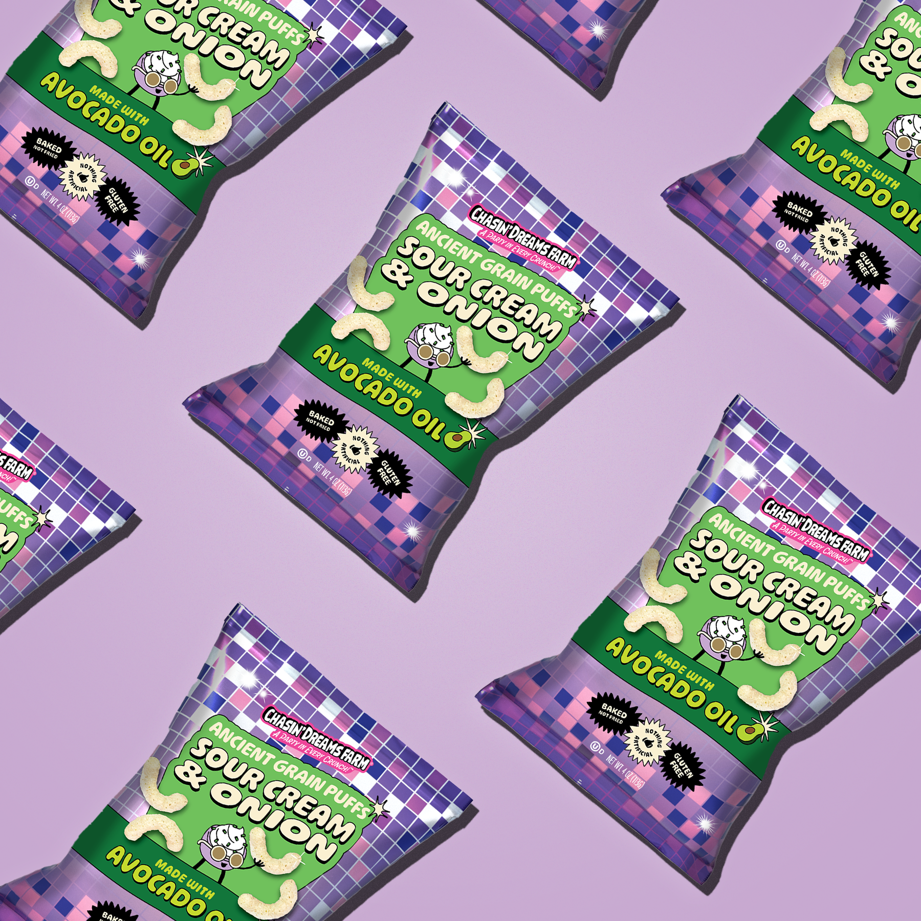 Multiple bags of Chasin’ Dreams Farm Sour Cream and Onion Ancient Grain Puffs on a purple background. Labels highlight that the product is baked, gluten-free, non-GMO, and made with no seed oils.
