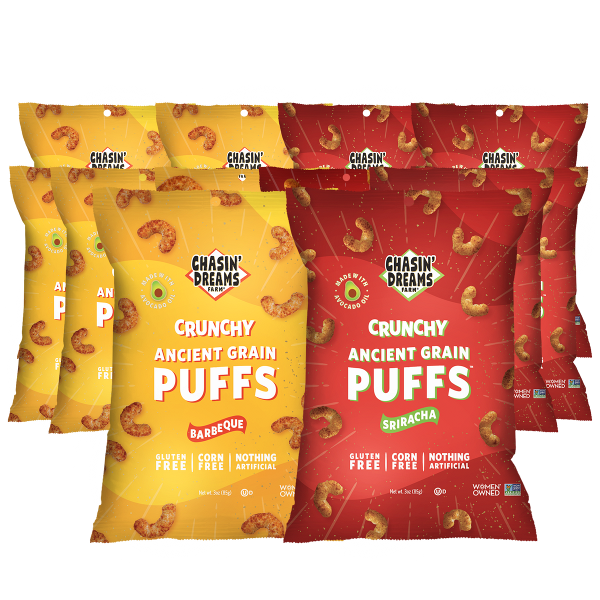 Six yellow bags of Crunchy Ancient Grain Barbeque Puffs 3oz and six red bags of Sriracha Puffs 3oz.