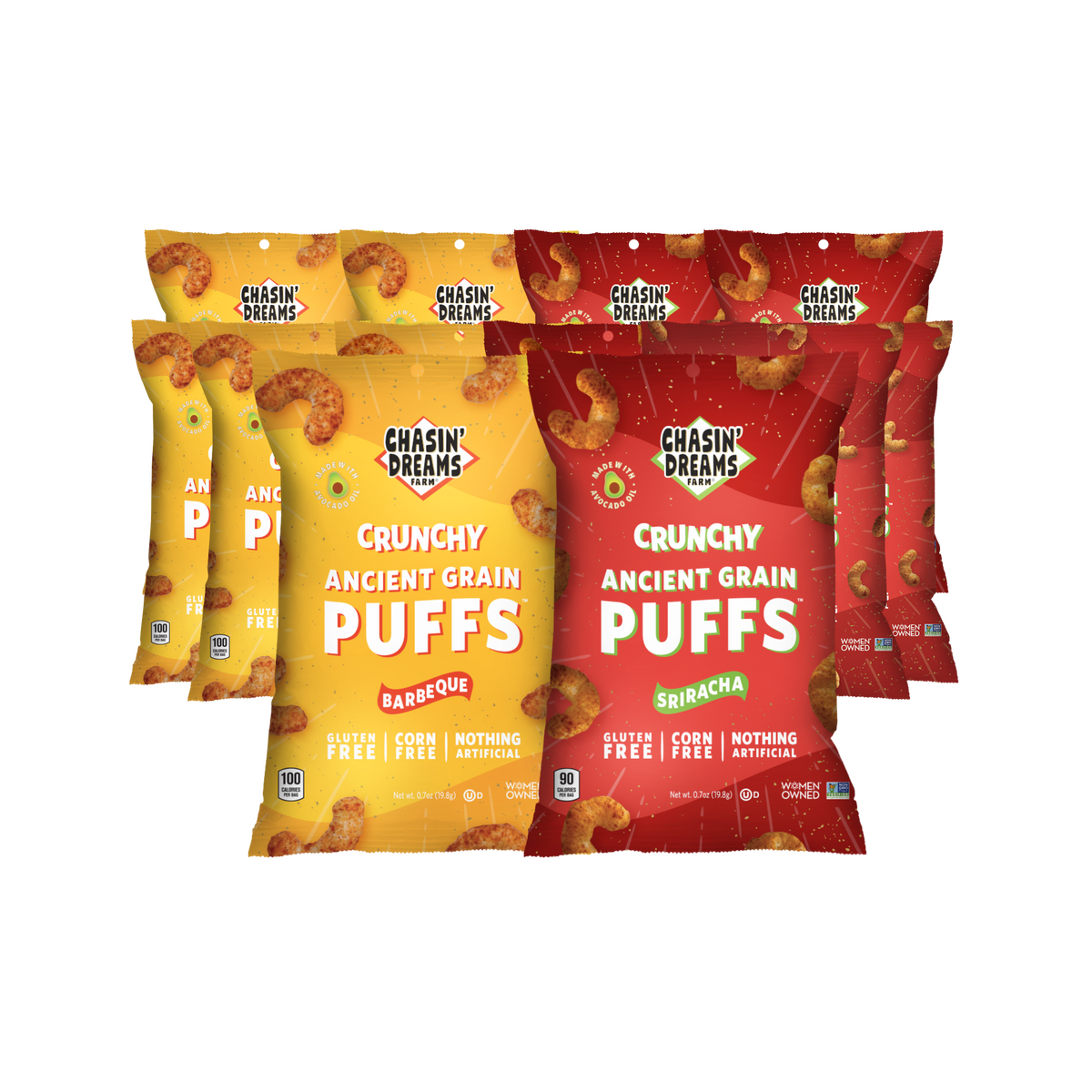 Six yellow bags of Crunchy Ancient Grain Barbeque Puffs 0.7oz and six red bags of Sriracha Puffs 0.7oz.