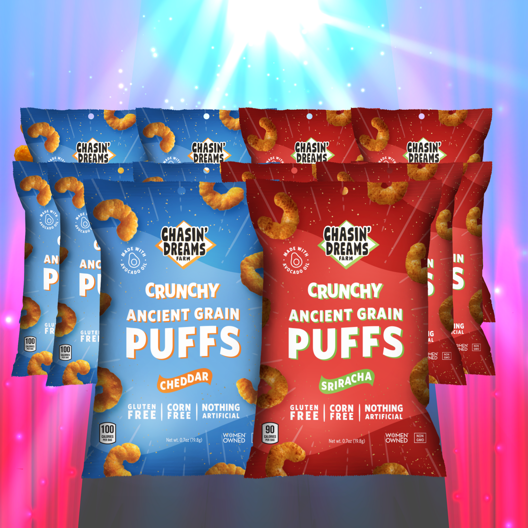 12 bags of cheese puffs, 6 blue bags, 6 red bags on a blue and red glowing background.