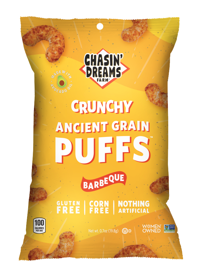 Chasin&#39; Dreams Farm Crunchy Ancient Grain Puffs, yellow bag with white stripes and puffs on the border.