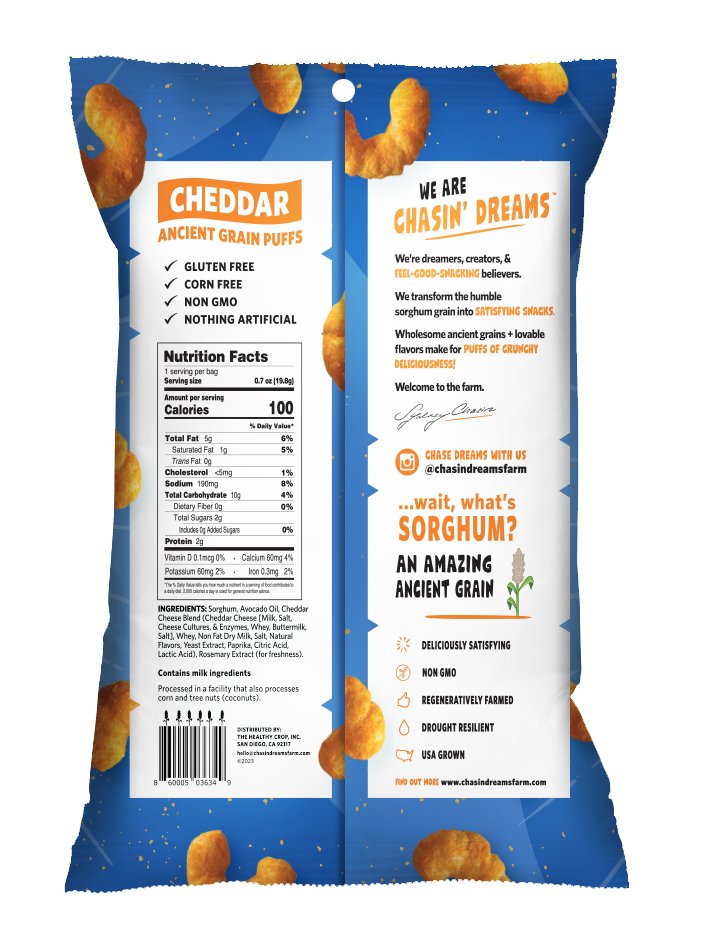 Chasin&#39; Dreams Farm Crunchy Ancient Grain Cheddar Puffs 0.7oz back of pack. Including nutrition facts, barcode and product descriptions.