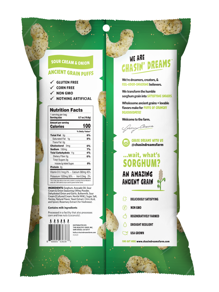 Crunchy Ancient Grain Sour Cream &amp; Onion Puffs 0.7oz back of pack. Includes nutrition label, barcode and product descriptions.
