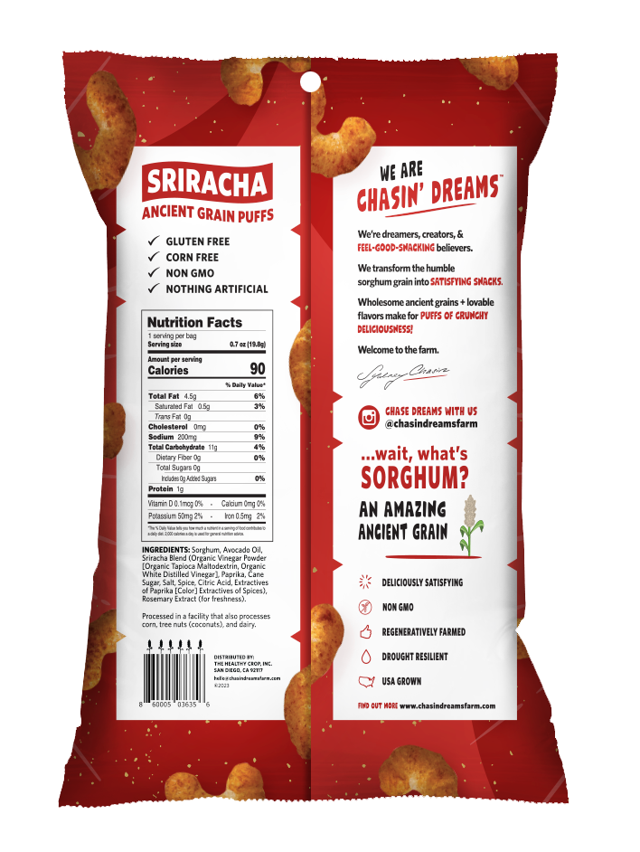  Crunchy Ancient Grain Sriracha puffs 0.7oz back of pack. Red border, including nutrition facts, barcode and product descriptions.