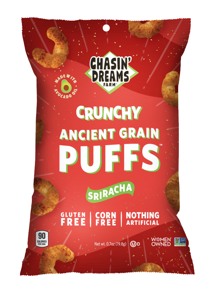 Chasin&#39; Dreams Farm Crunchy Ancient Grain Sriracha Puffs 0.7oz. Red bag with white stripes and speckles, orange puffs around the border.