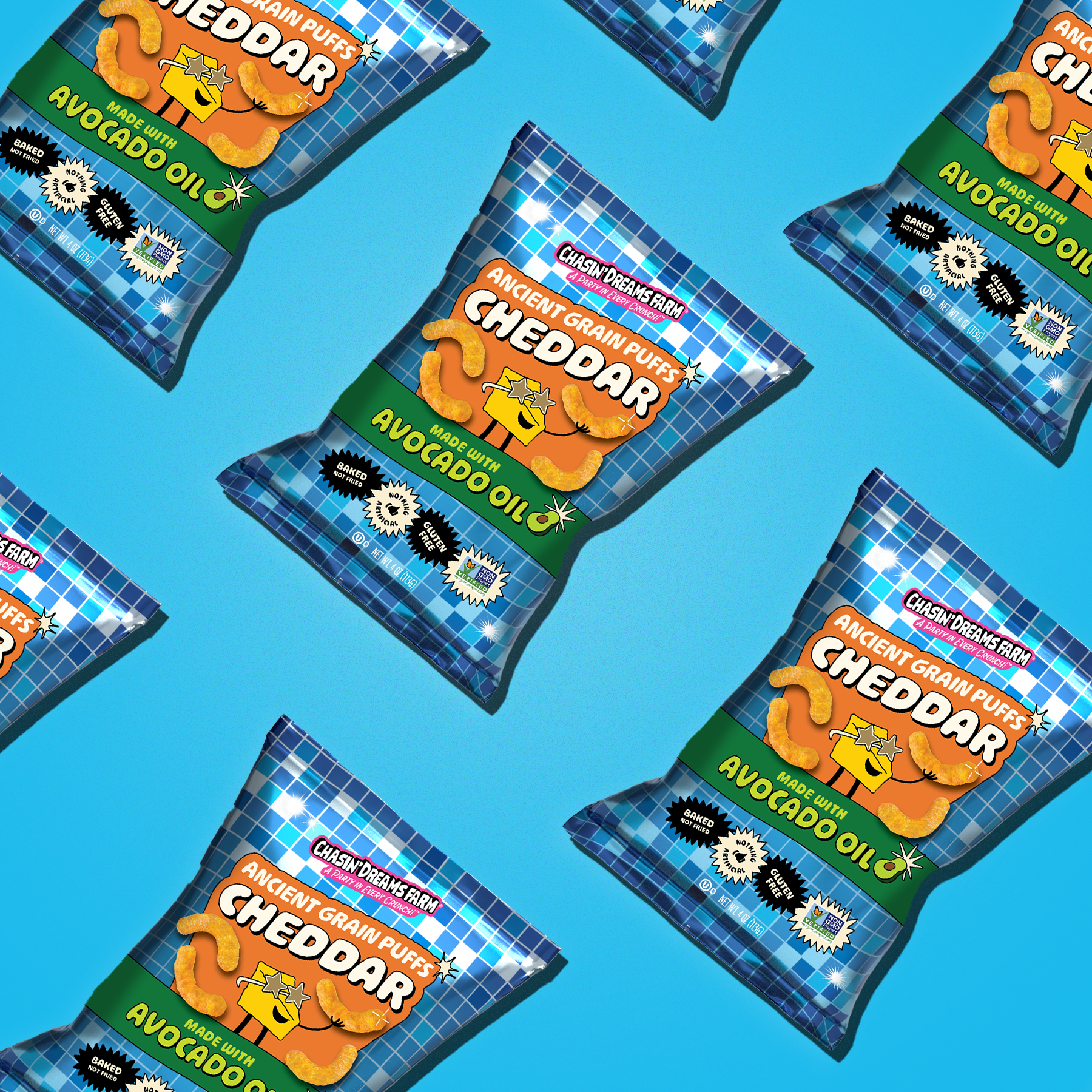Pattern of Cheddar puffed grain snacks on a blue background. Labels highlight that the product is baked, gluten-free, non-GMO, and made with no seed oils.