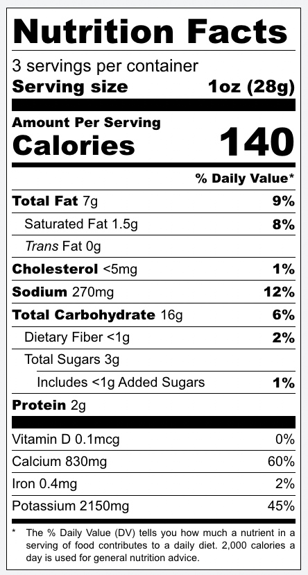 Sour Cream & Onion 3oz nutrition facts. 3 servings per container, serving size 1oz, 140 calories per serving.