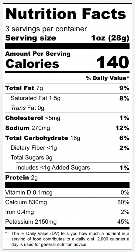 Sour Cream &amp; Onion 3oz nutrition facts. 3 servings per container, serving size 1oz, 140 calories per serving.