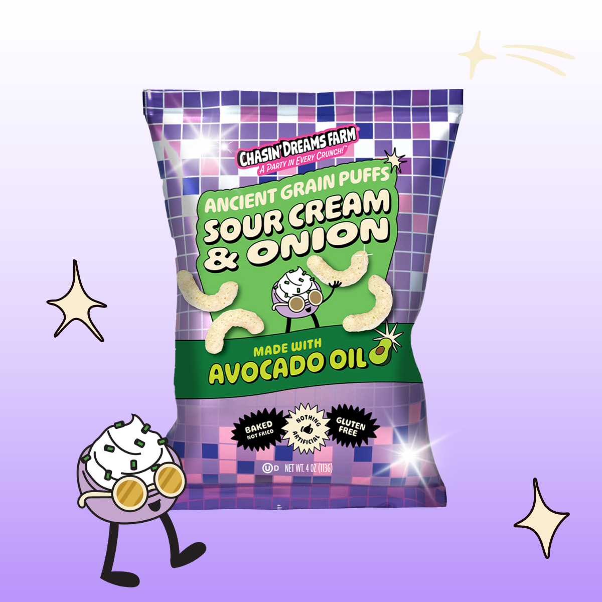 A bag of Ancient Grain Puffs in Sour Cream & Onion flavor, made with avocado oil. The packaging is predominantly purple with an illustration of a cartoon sour cream bowl.