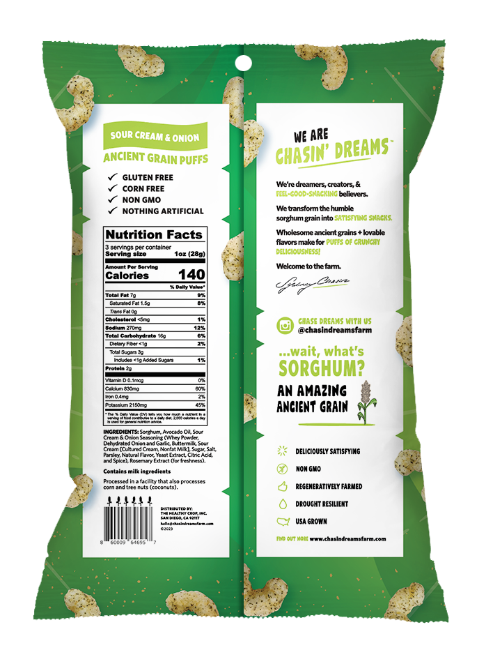 Crunchy Ancient Grain Sour Cream &amp; Onion Puffs 3oz back of pack. Includes nutrition label, barcode and product descriptions.
