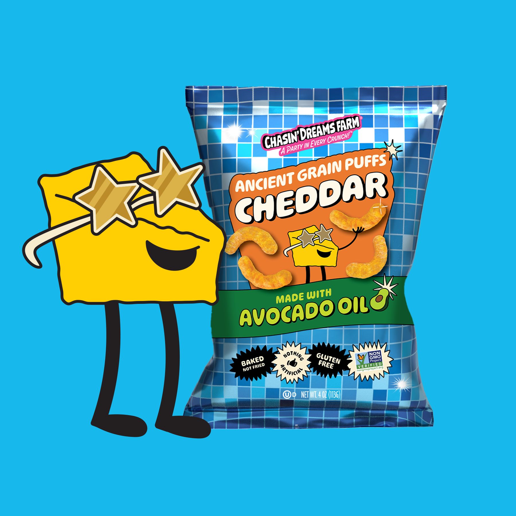 A package of Crunchy Ancient Grain Puffs in the flavor Cheddar with a graphic of a smiling, cartoon cheese character with star sunglasses on its head, and a blue background.