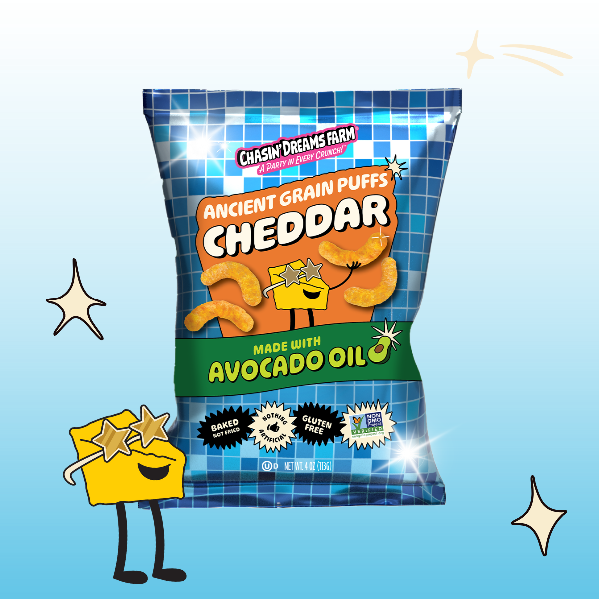 Packaging of Ancient Grain Puffs in Cheddar flavor, made with avocado oil. The packaging is predominantly blue with an illustration of a cartoon block of cheddar cheese.