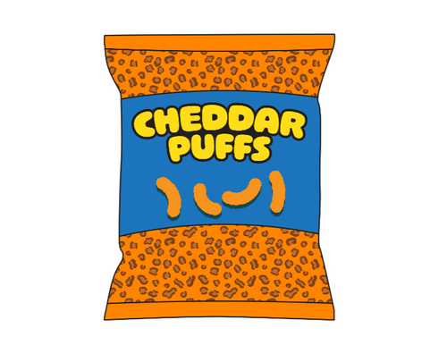 Cartoon illustration of a bag of cheetah print Cheddar Puffs mocking the famous Cheeto bags.