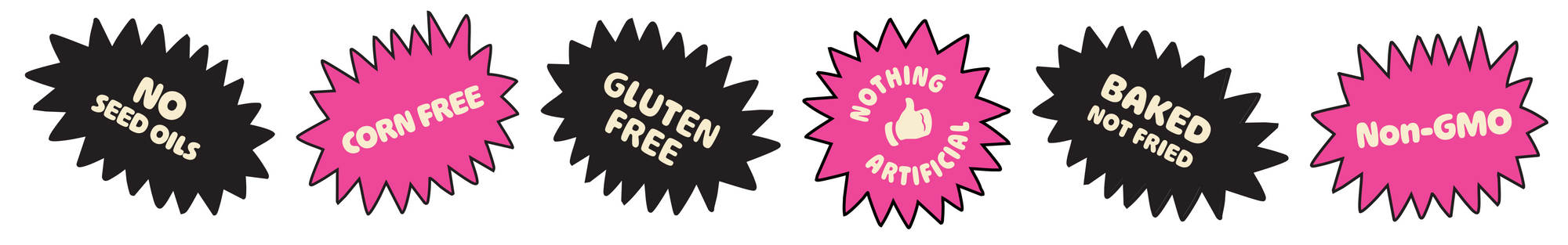 Set of food allergy and dietary label icons on a white background. Labels highlight that the product is No seed oils, corn free, gluten free, contains nothing artificial, is baked not fried and non-GMO.