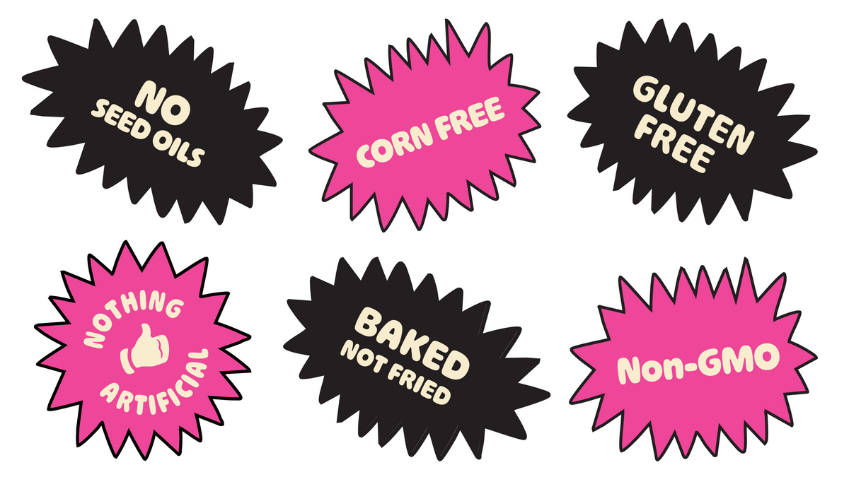 Set of food allergy and dietary label icons on a white background. Labels highlight that the product is No seed oils, corn free, gluten free, contains nothing artificial, is baked not fried and non-GMO.