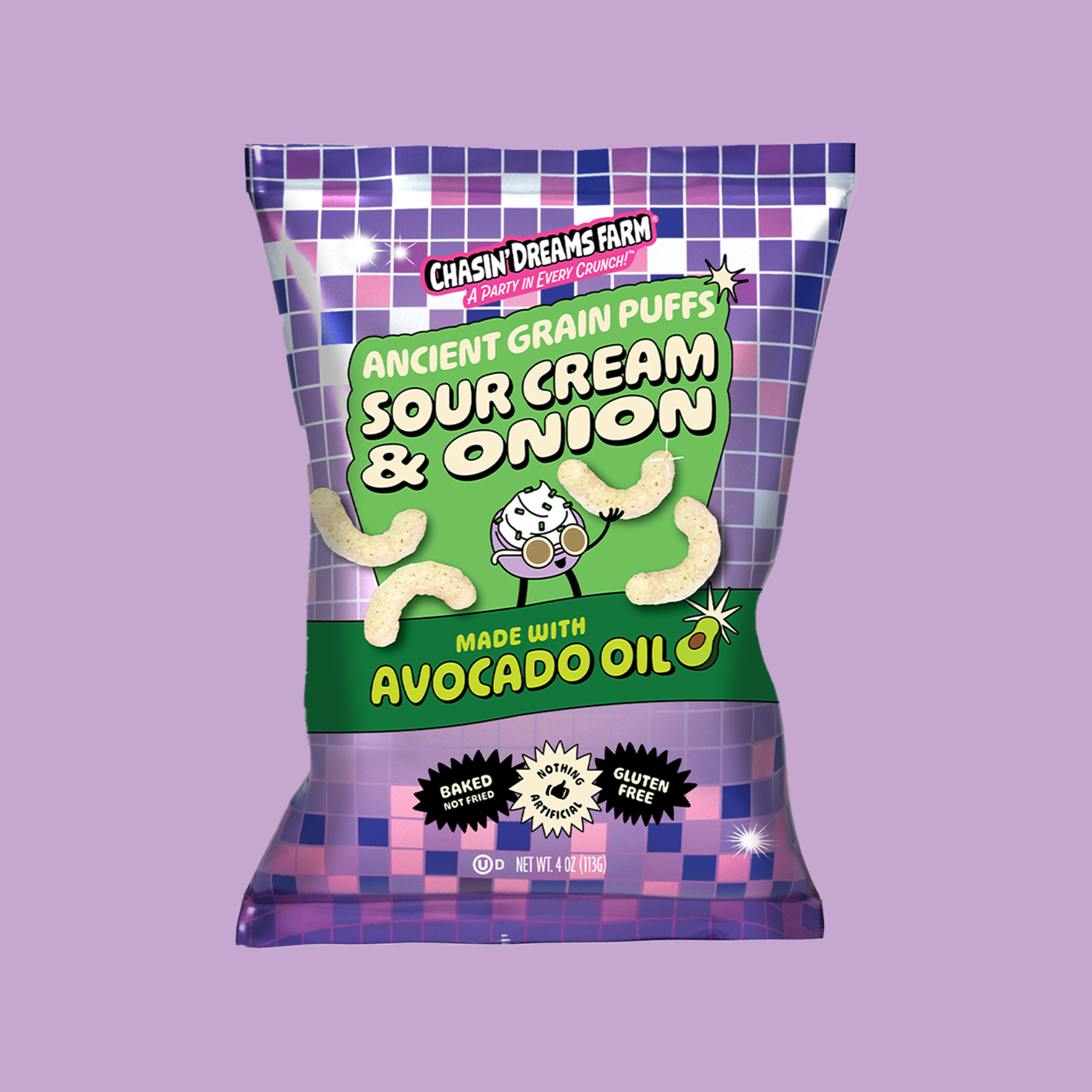 A package of Ancient Grain Puffs with Sour Cream & Onion flavor, made with avocado oil, on a purple background.