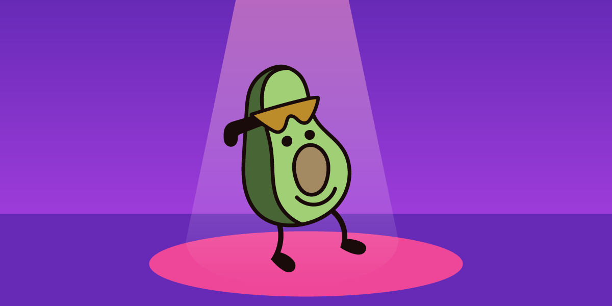 Cartoon avocado character on a pink stage with a purple background and spotlight shinning down