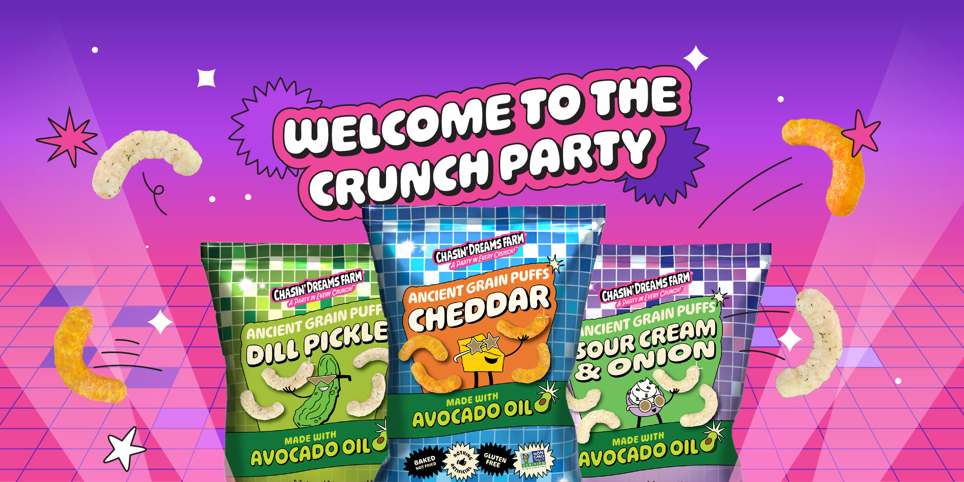 Banner that reads 'Welcome To The Crunch Party' with a vibrant background, colorful shapes, and flying puffs. Features snack bags of three flavors of puffed ancient grains: Cheddar, Dill Pickle, and Sour Cream and Onion.