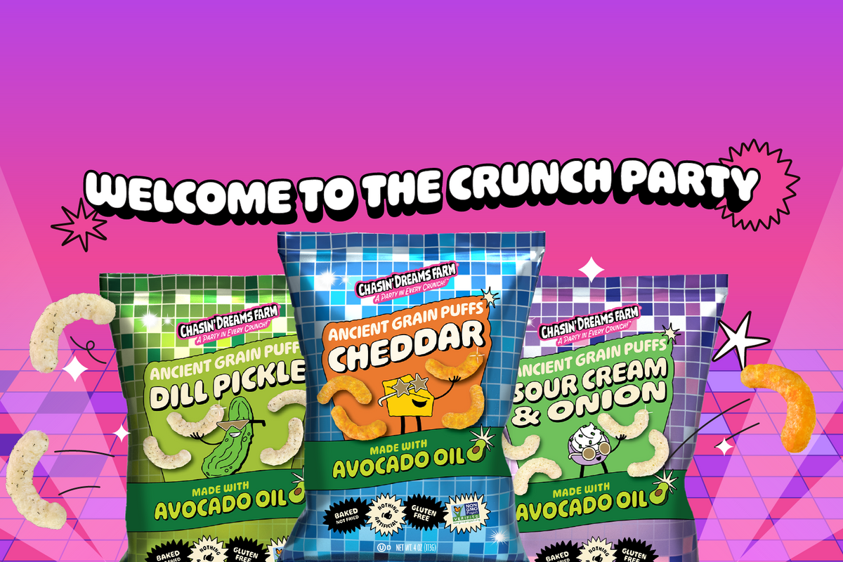 Three snack packs of puffed ancient grains in the flavors: Cheddar, Dill Pickle, and Sour Cream and Onion. Pink and purple gradient background featuring text 'Welcome to the Crunch Party'.
