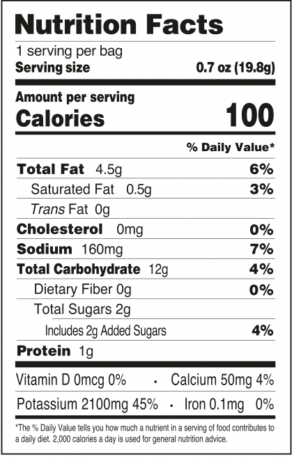 Barbeque Puffs nutrition label. 0.7oz, 100 calories. Serving size one bag.