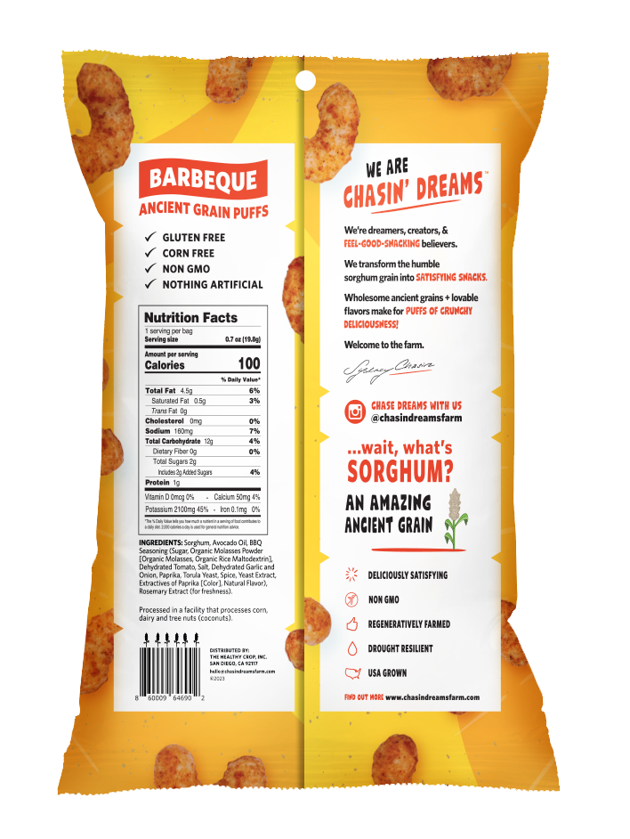 Crunchy Ancient Grain Sriracha Puffs 0.7oz bag, yellow border with nutrition facts, barcode and product descriptions.
