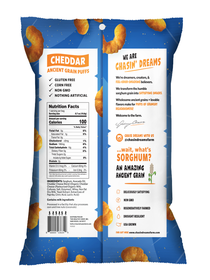 Crunchy Ancient Grain Cheddar Puffs 0.7oz back of package. Blue border with nutrition facts, barcode and product descriptions. 