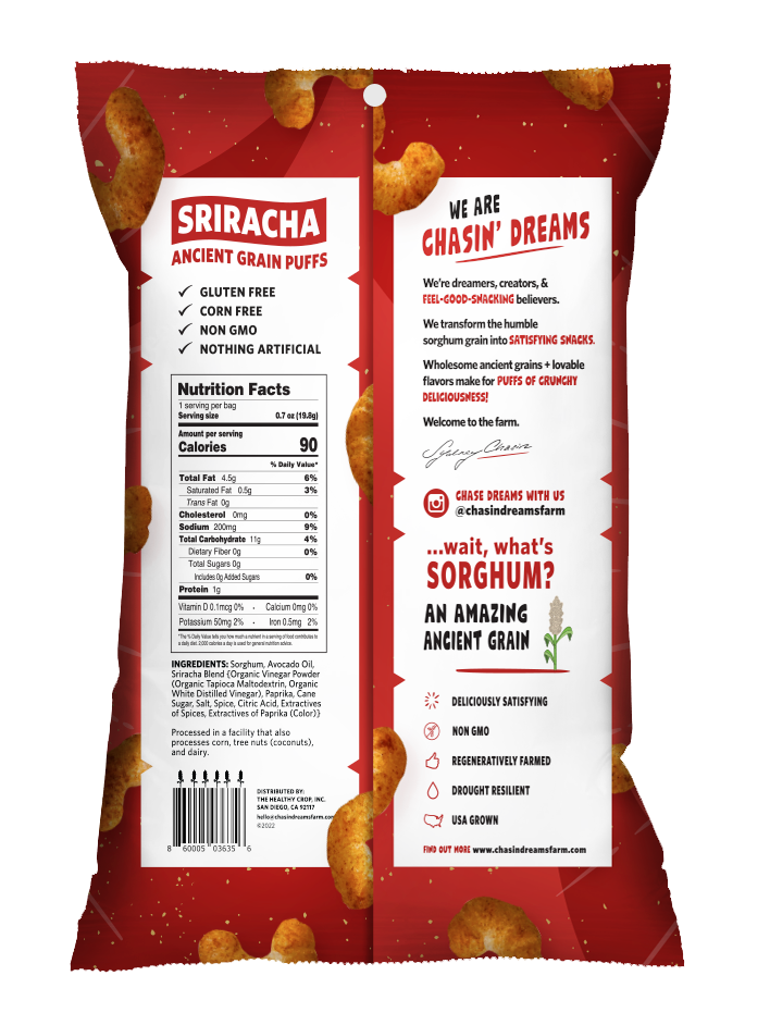 Crunchy Ancient Grain Sriracha Puffs 0.7oz bag, red border with nutrition facts, barcode and product descriptions.
