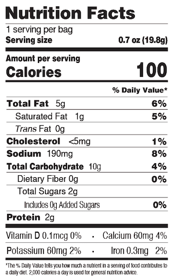 Nutrition facts for 0.7oz Crunchy Ancient Grain Cheddar Puffs, 1 serving per bag, 0.7oz per bag, 100 calories per serving.