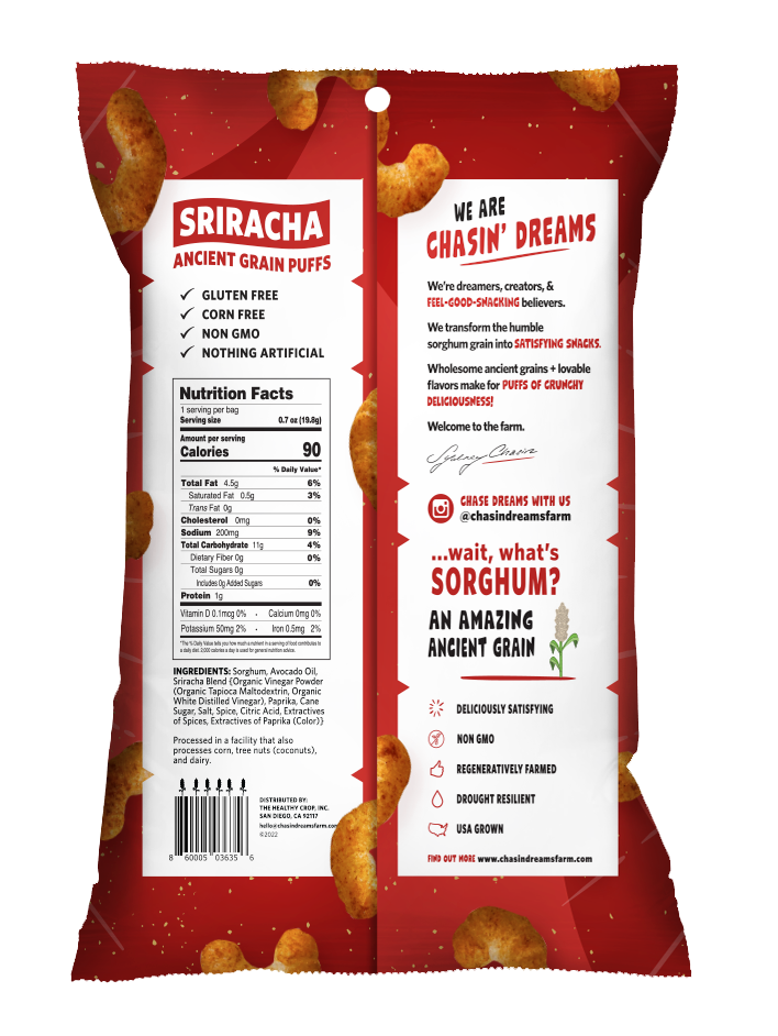 Crunchy Ancient Grain Sriracha puffs 0.7oz back of pack. Red border, including nutrition facts, barcode and product descriptions.